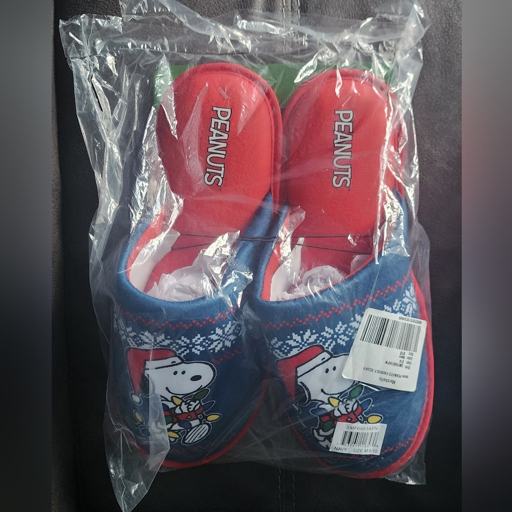NWT Peanuts Snoopy Fairisle Scuff Slippers Holiday Xmas Lights Decor Navy M 9/10